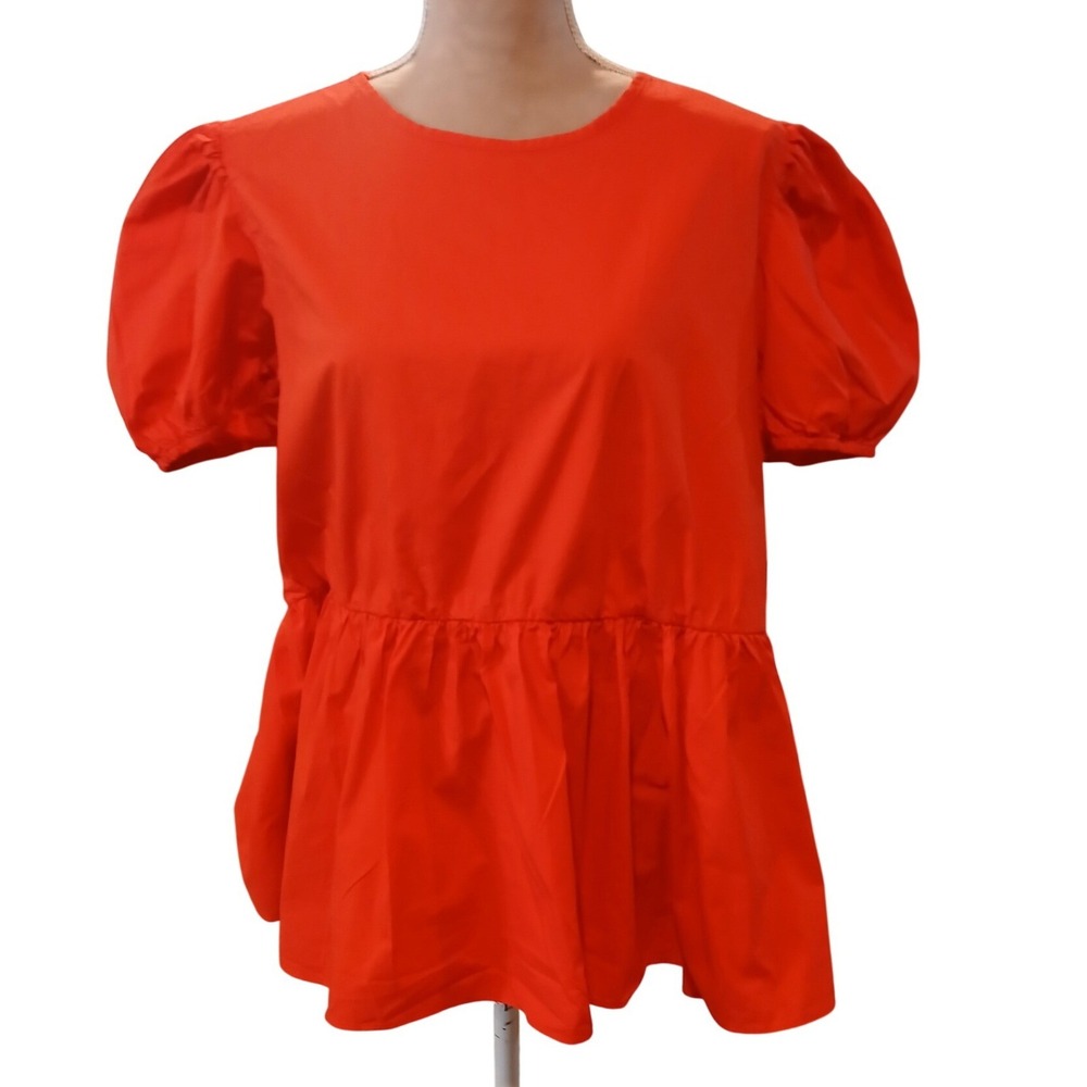 Jack + Avery XL Red Puff Sleeve Peplum Babydoll Top Blouse Orange  Red Cotton